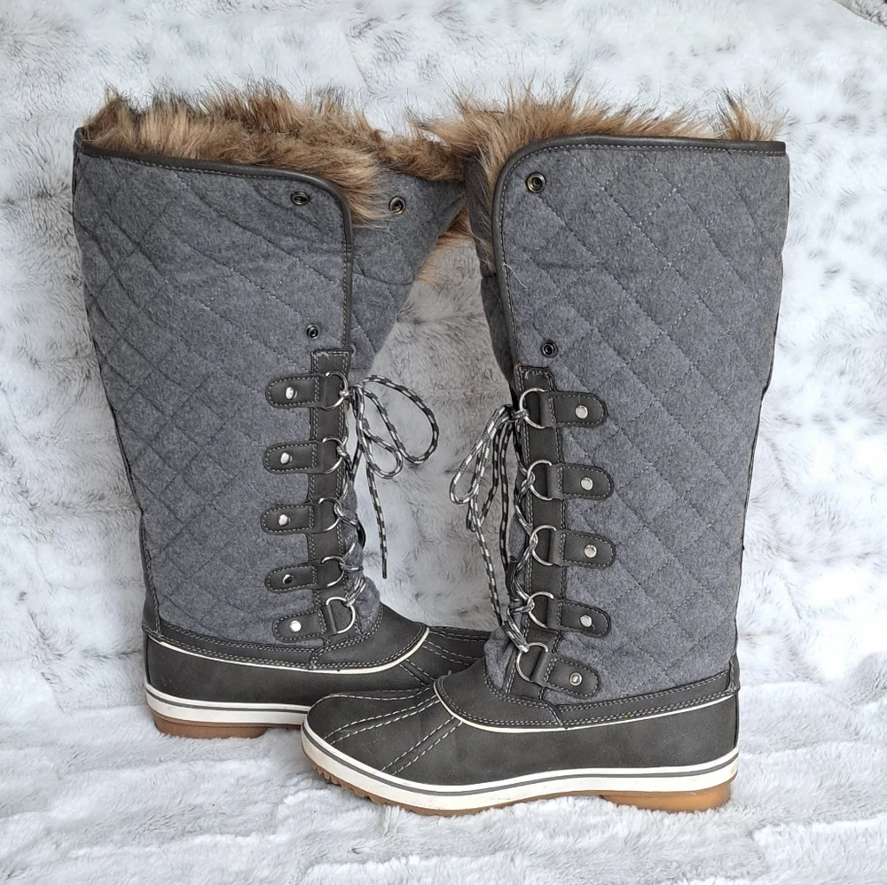 Global Win Quilted gray fur warm tall Duck Boot winter Snow boots. Size 8.5.